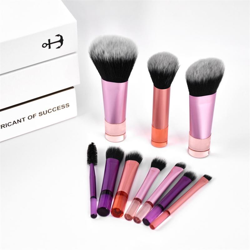 10 Mini Makeup Brush Set Crystal Handle Pink Purple Bag Travel Portable Concealer Loose Powder Brush