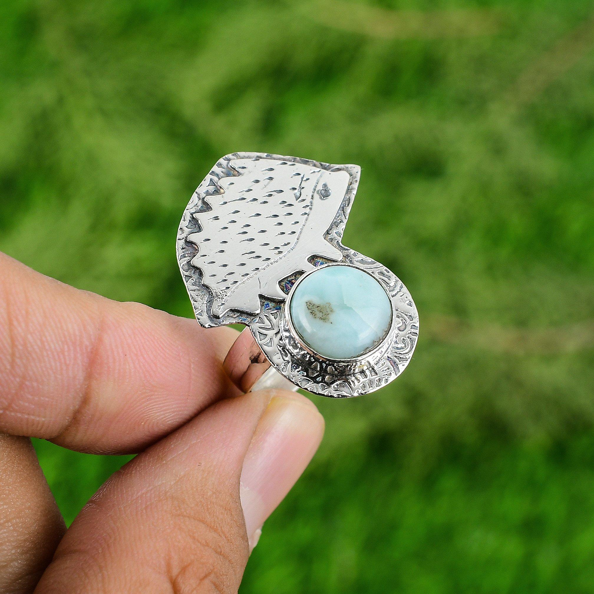 

925 Silver Larimar Stone Artisan Statement Elegant Bezel Boho Engagement Ring Adjustable