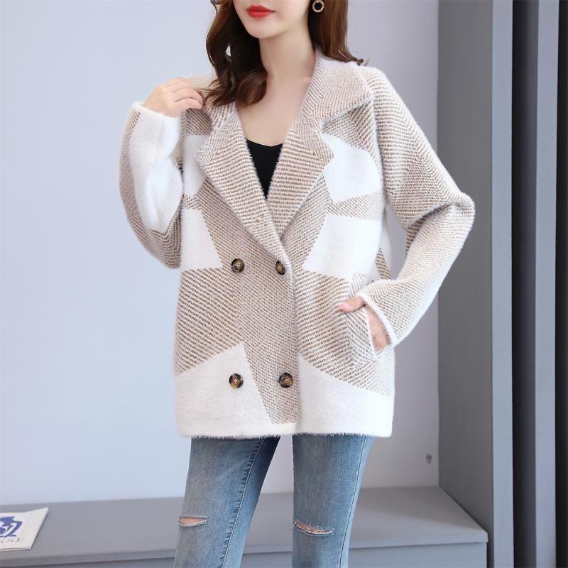 Women's Mink Fleece Coat Thickened Contrasting Faux Mink Fleece Knitted Cardigan Coat Plush Knitted Jacket