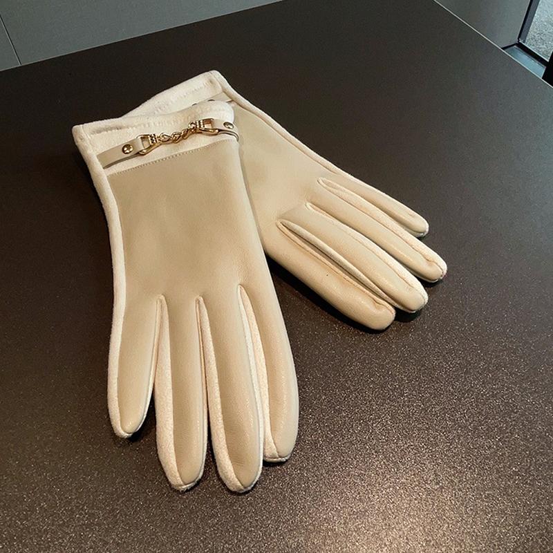 Luxury Protein Leather Fleece Lined Women'S Gloves Winter Cycling Windproof Keep Warm Elegant Touchscreen Gloves