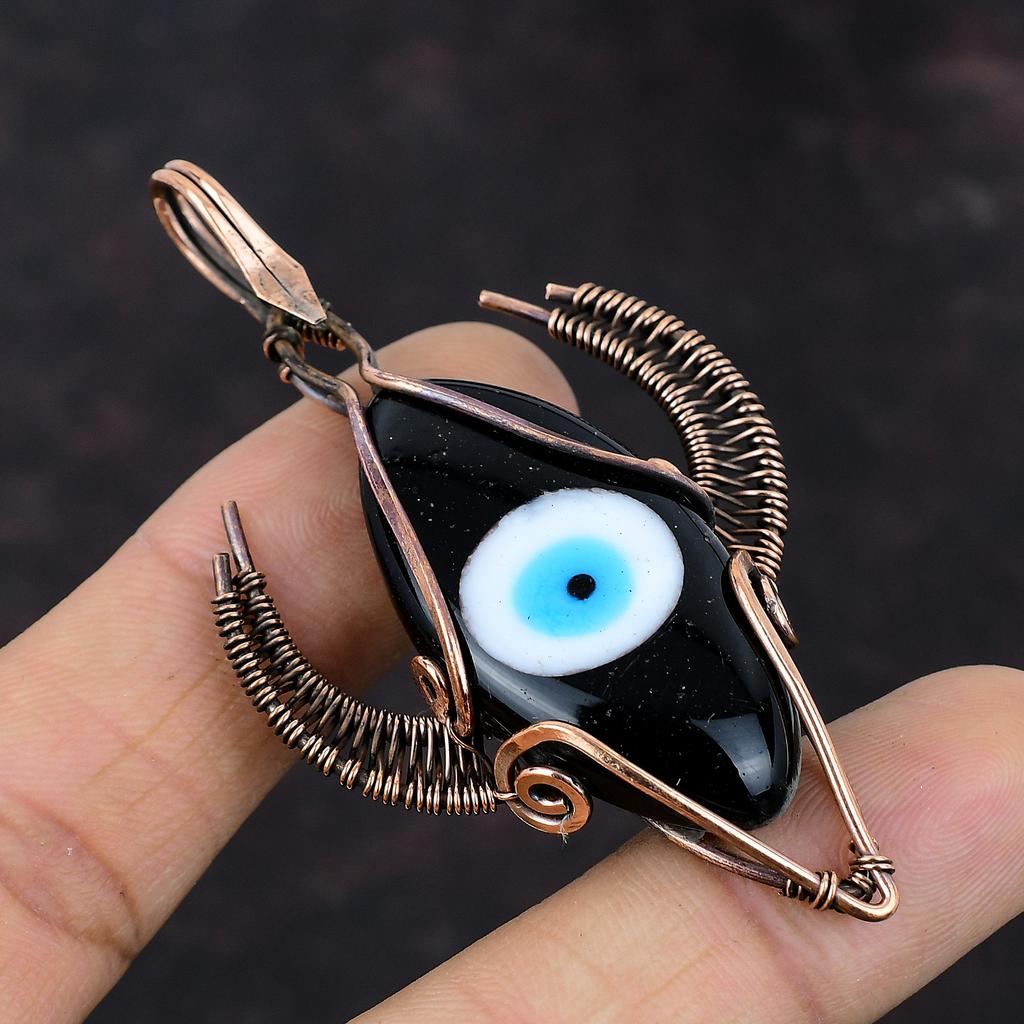 Black Color Evil Eye Pendant Copper Wire Wrapped Pendant Handmade Jewelry Bull Face Shape Pendant Copper Jewelry Gemstone Pendant For Gift