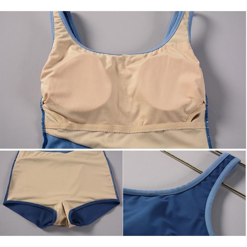 Einteiliger Boxer Sport Badeanzug Damen Schlank Schlankmachend Weiß Kontrastfarbe Offener Rücken Große Größe