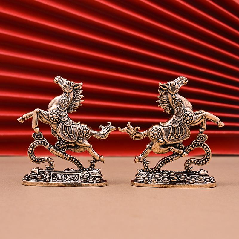 Brass Horse Step On Coins Lucky Statue Feng Shui Desk Ornament Zodiac Animal Figurines Miniatures Pure Copper Crafts Collections