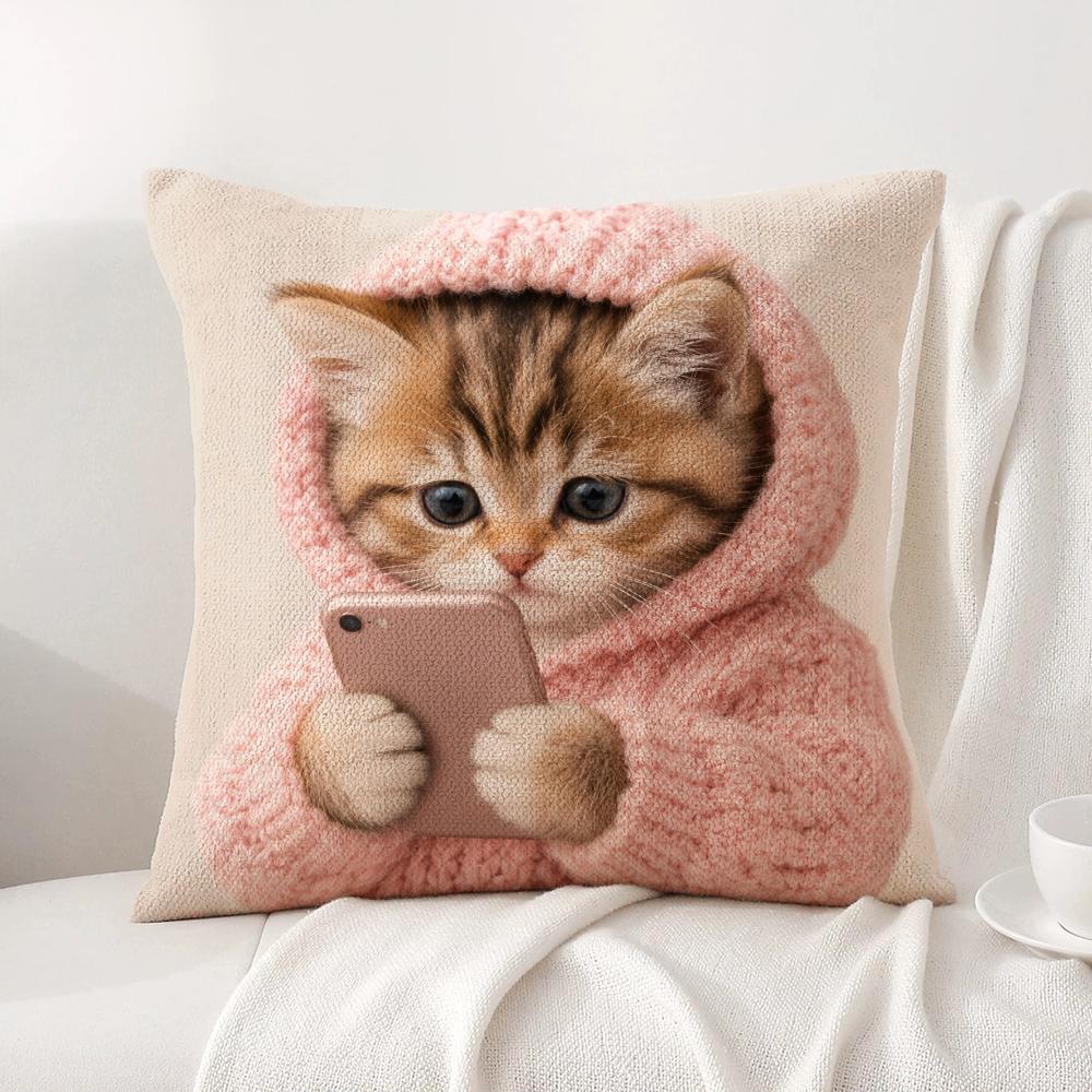 Cute Kitten in Hoodie Cushion Cover Natural Linen Organic Fabric DoubleSided Printing Sofa Home Decor Breathable Bed Pillow