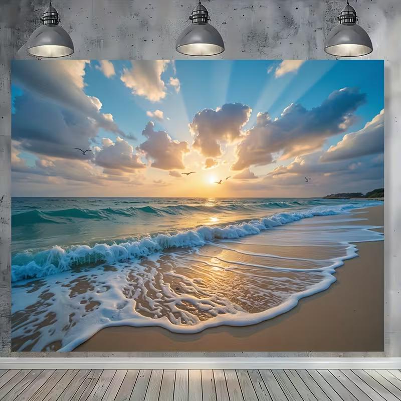 2D Flat Printing Beach Sunrise Backdrop, Ocean Wave Photography Background 47.2x31.5inch/120*80cm