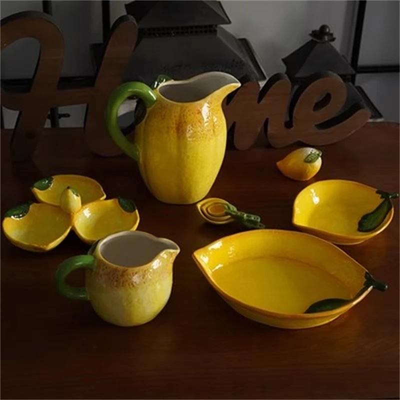 Lemon Shaped Ceramic Plate for Dessert, Fruit Tray, Afternoon Tea Kettle, Milk Mug, European Dinnerware, Colored Underglaze