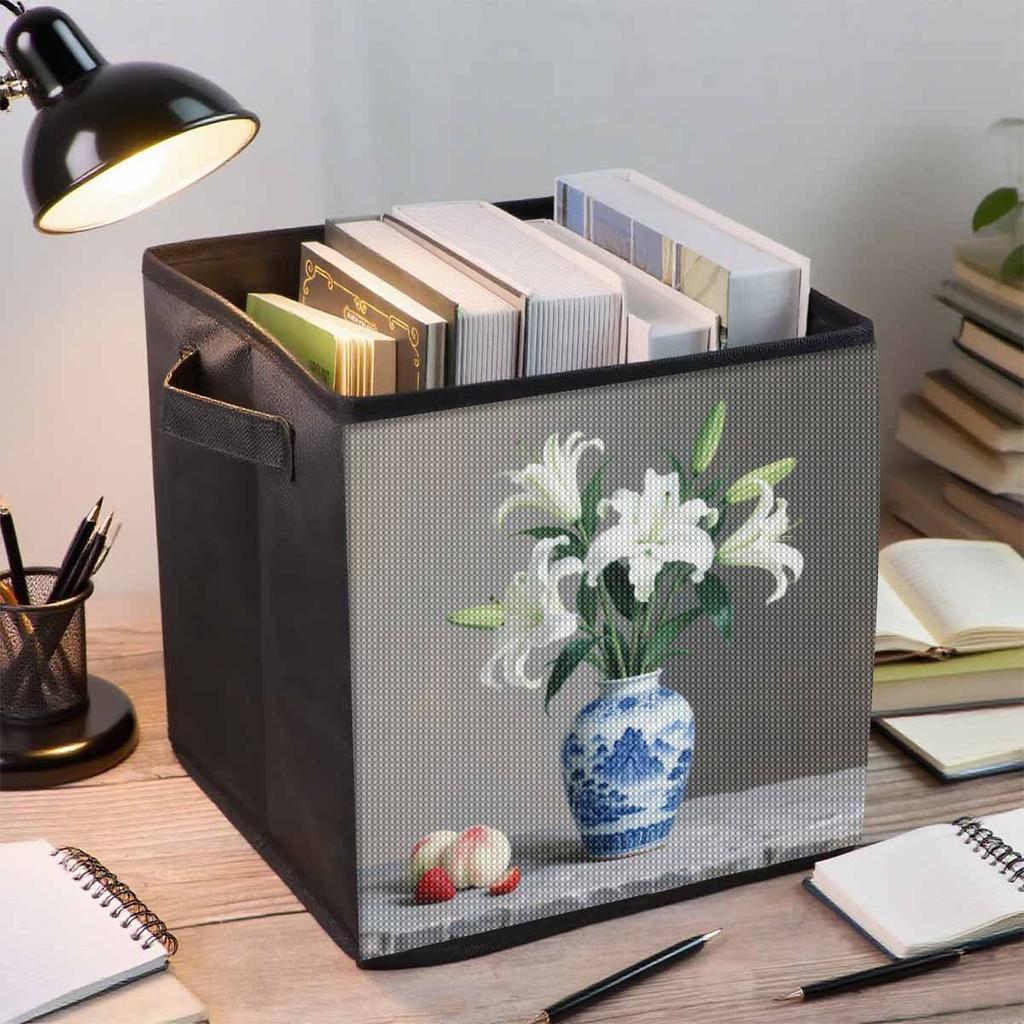 Weiße Lilien 5D Diamantmalerei Aufbewahrungskorb Vollrundbohrer Mosaik Diamantstickerei Kreuzstich-Kits Heimdekoration Heimdekoration