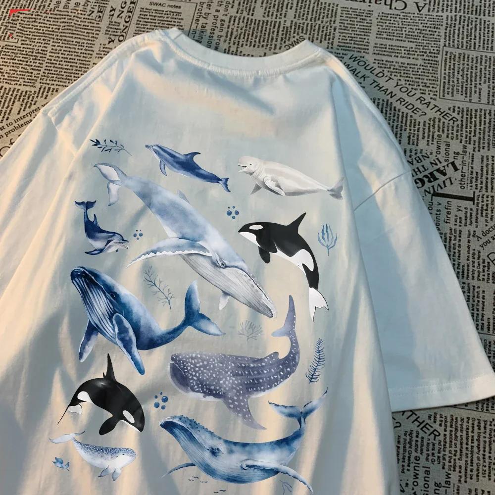 Fashion Women'S T-Shirts Ocean And Whales Printing Tops O-Neck Soft Short Sleeve Summer Casual Female Clothes