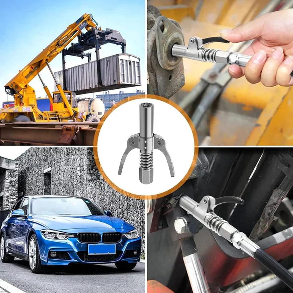 Strong Lock on Grease Couplers, High Pressure Grease Gun Coupler - with Spring Flex Hose, Quick Release Grease Coupler, Grease Gun Replacement Tip