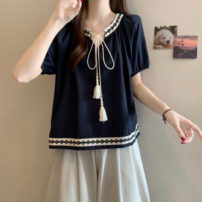 

Ladies Bow Tie Tied Shirt V-neck Embroidered Patchwork Tassel Design Ladies Blouse Summer Comfortable Famale Short Sleeved Top One Size темно-синий
