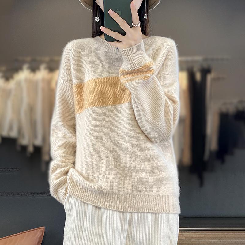 Women's Pure Wool Color Block Round Neck Sweater - Long Sleeve, Loose Fit, Autumn/Winter Knit Top