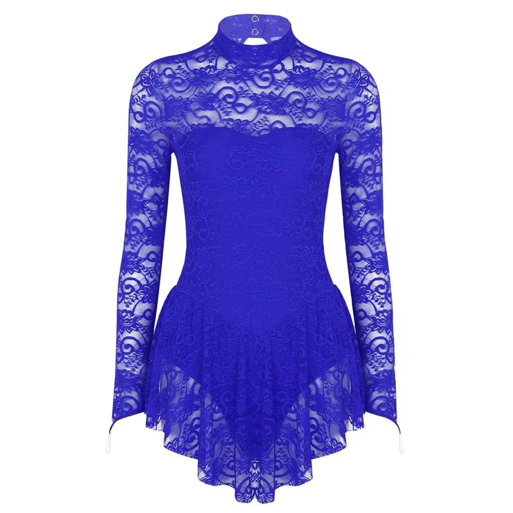 Women's Floral Lace Ballet Dance Leotard Fingerpoint Sleeves Figure Ice Skating Dress Costume