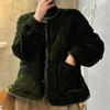 Limiguyue O-neck Retro Cotton Jacket Women Casual Pocket Green Velvet Coat Winter Long Sleeve Loose Warm Clothing Versatile