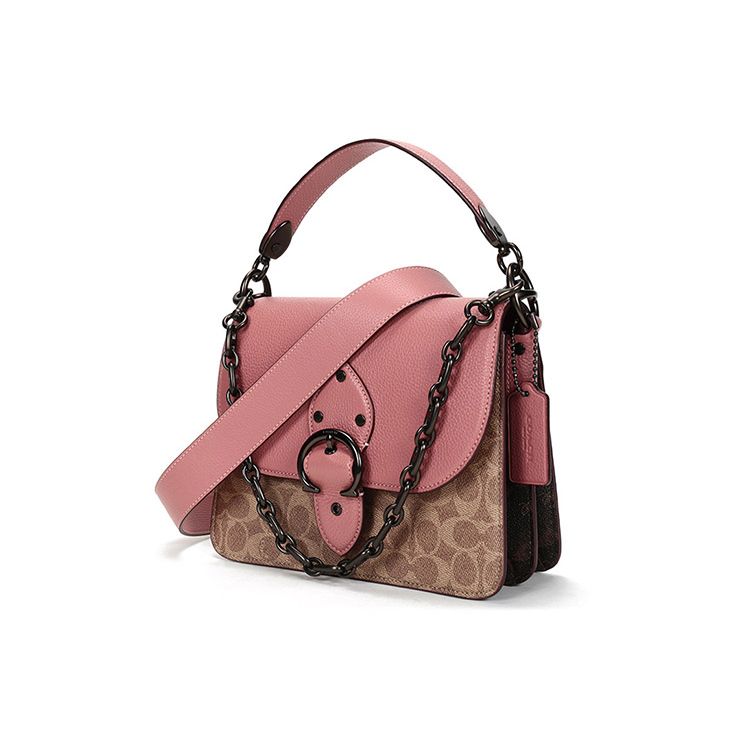 Coach Beat 24 Vintage Color Block Chain Leather Square Handbag Women Handbags Cherry-Blossom-Pink Khaki C0750-V5SI3