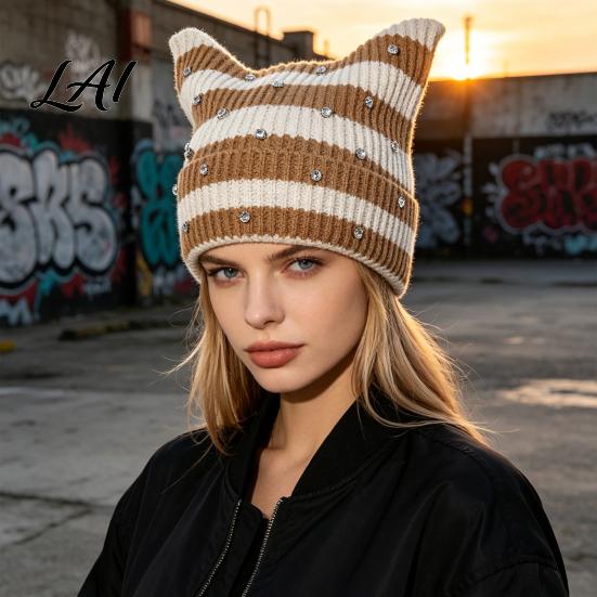 Contrast Color Striped Hat Cat Ear for Women Girls Slouchy Crochet Headgear Fashionable Streetwear Headwear with Shiny Rhinestones Cute Winter Warm