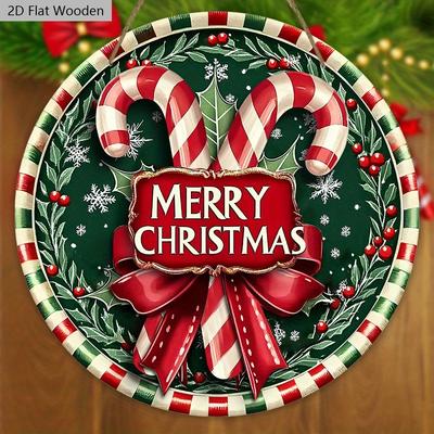 Classic Christmas Wooden Sign with Cane Candy & Bow Pattern - Navidad Round Sign for Front Door, Wall Hanging Decor - Ideal Christmas Decoration