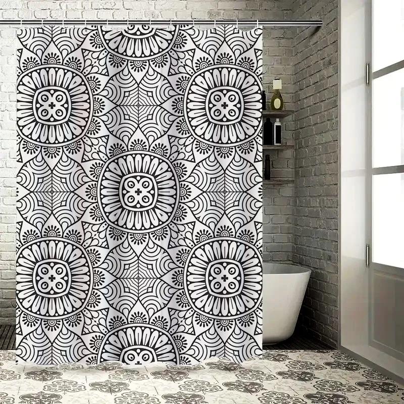 Tonnika Chen Black/White Modern Mandala Shower Curtain For Bathroom Decor Floral Bohemian Design Quick-Drying Fabric