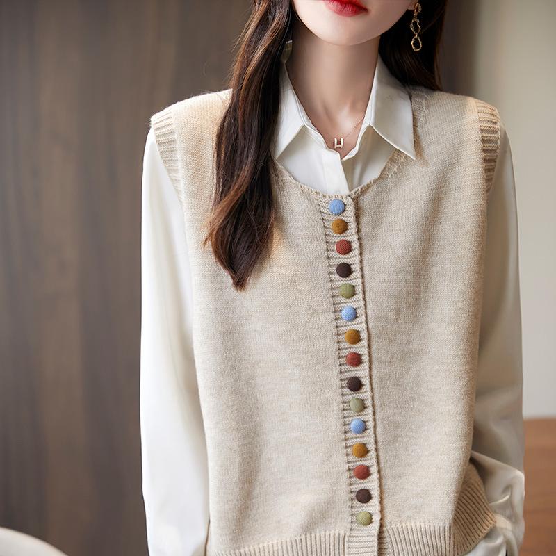 Damen Französische Retro Strickweste: Rundhalsausschnitt, Ärmelloses Tanktop, Herbst-Lagenpullover 2025