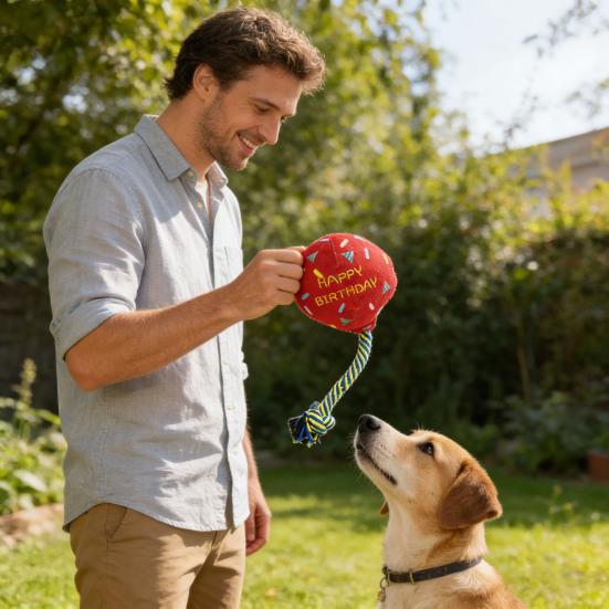 Pet Toy Chew-Resistant Interactive Sound Maker Birthday Balloon Plush Ball Toy Medium Large Dogs Party Decor