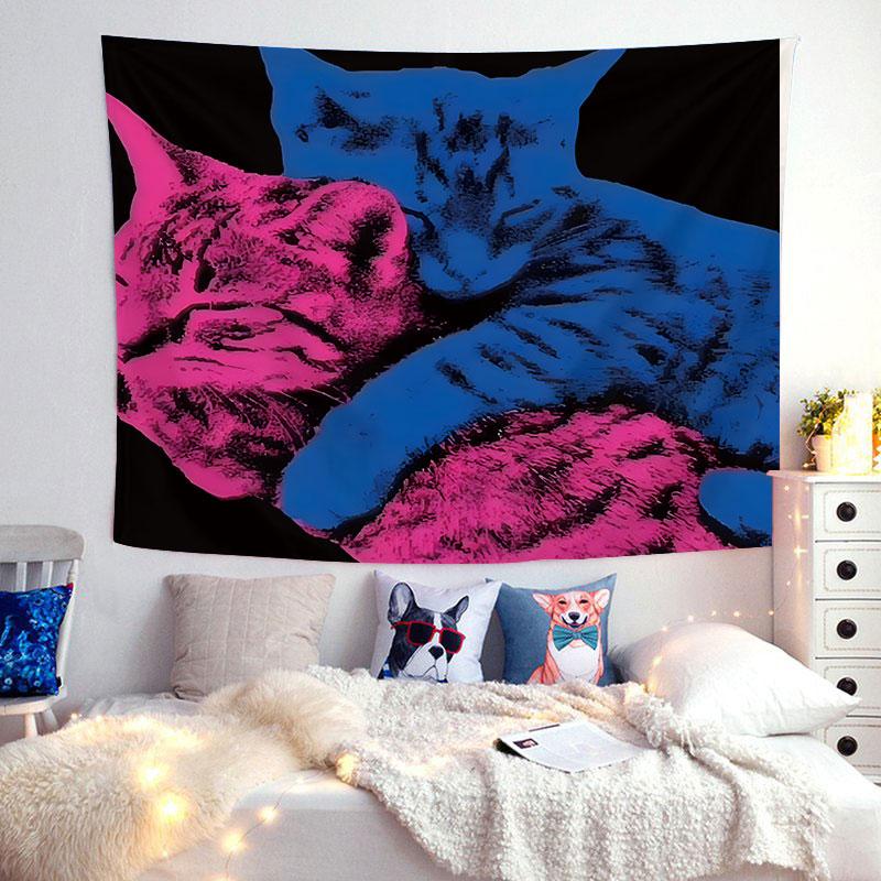 Pink And Blue Cat Wall Tapestry Pop Art Style Colorful Design Animal Decor Boho Bedroom Aesthetic Modern Home Decor Trendy Gift