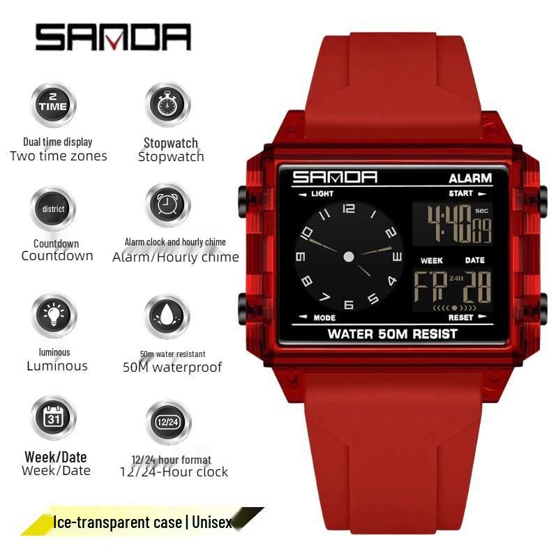 Sanda Transparent Electronic Square Watch with Large Dial for Students - Multifunctional Countdown Sports Wristwatch