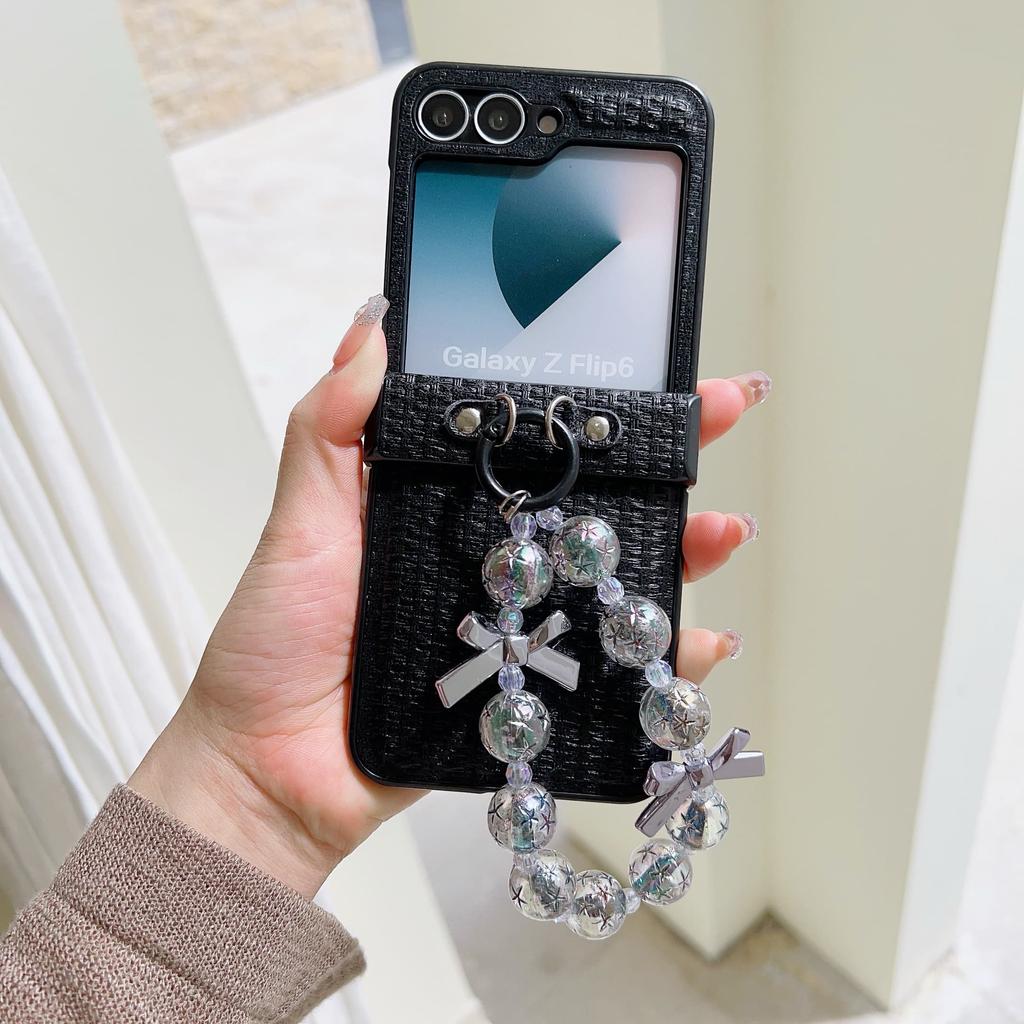 Glitter Pearl Bowknot PU Leather Wrist Strap Phone Case for Samsung Galaxy Z Flip 6 5 4 3 Hinge Protection Shockproof Cover