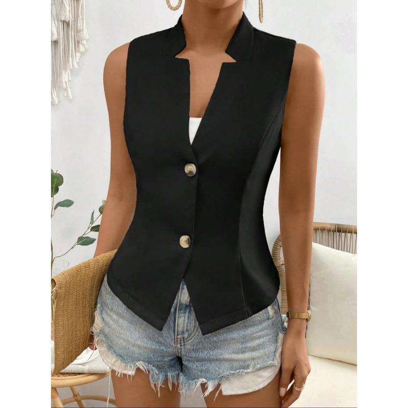 Women V Neck Sleeveless Blazer Vest with Padded Bust Single Breasted Slim Fit Casual Office Waistcoat