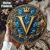 Vintage Metal Wall Decor Ornate Letter V Plaque 8x8 Inch Aluminum Baroque Home Art Turquoise Golden 2D Flat Hanging