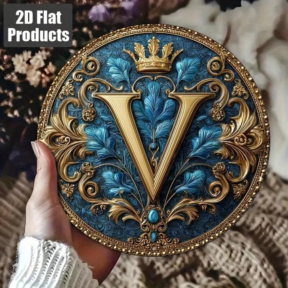 Vintage Metal Wall Decor Ornate Letter V Plaque 8x8 Inch Aluminum Baroque Home Art Turquoise Golden 2D Flat Hanging