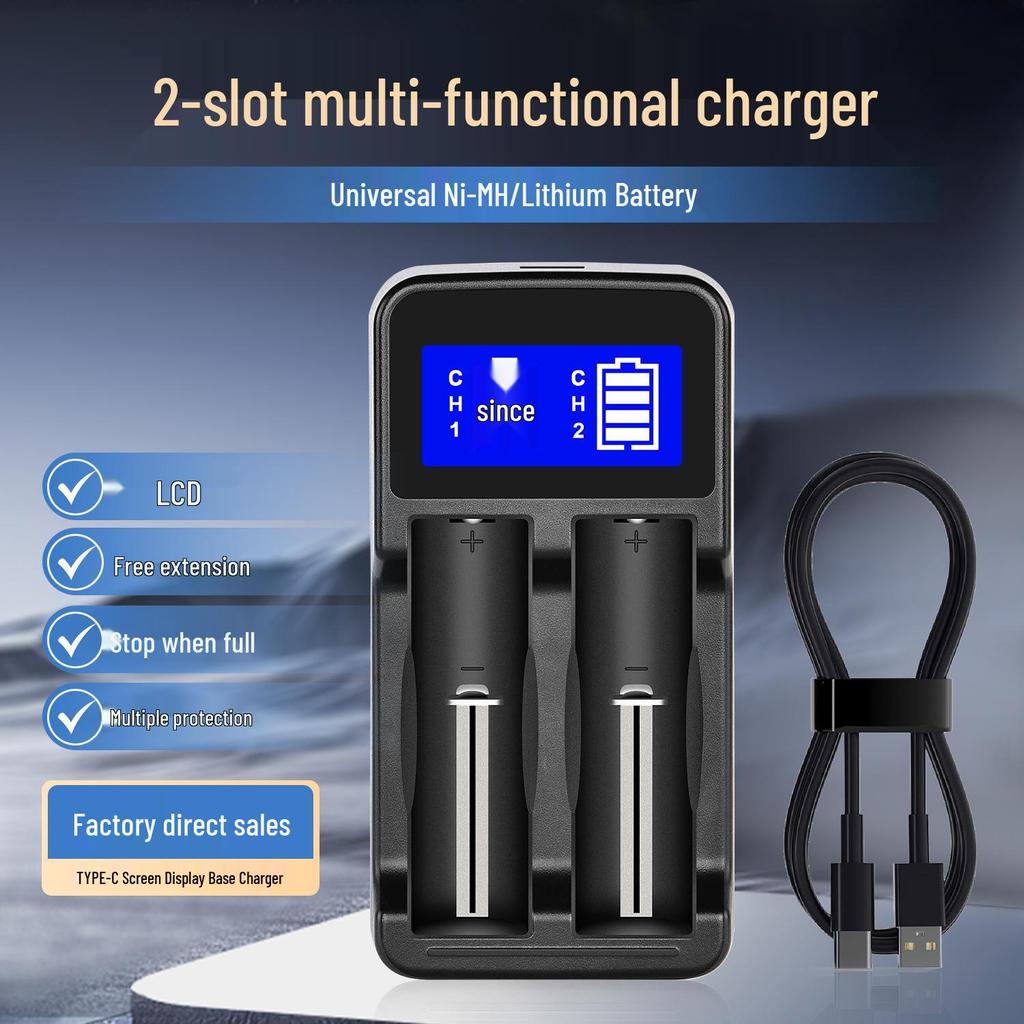 Zwei-Schlitz-LCD-Ladegerät für AA/AAA/18650 NiMH/Li-Ionen-Akkus, Automatischer Stopp bei vollständiger Ladung