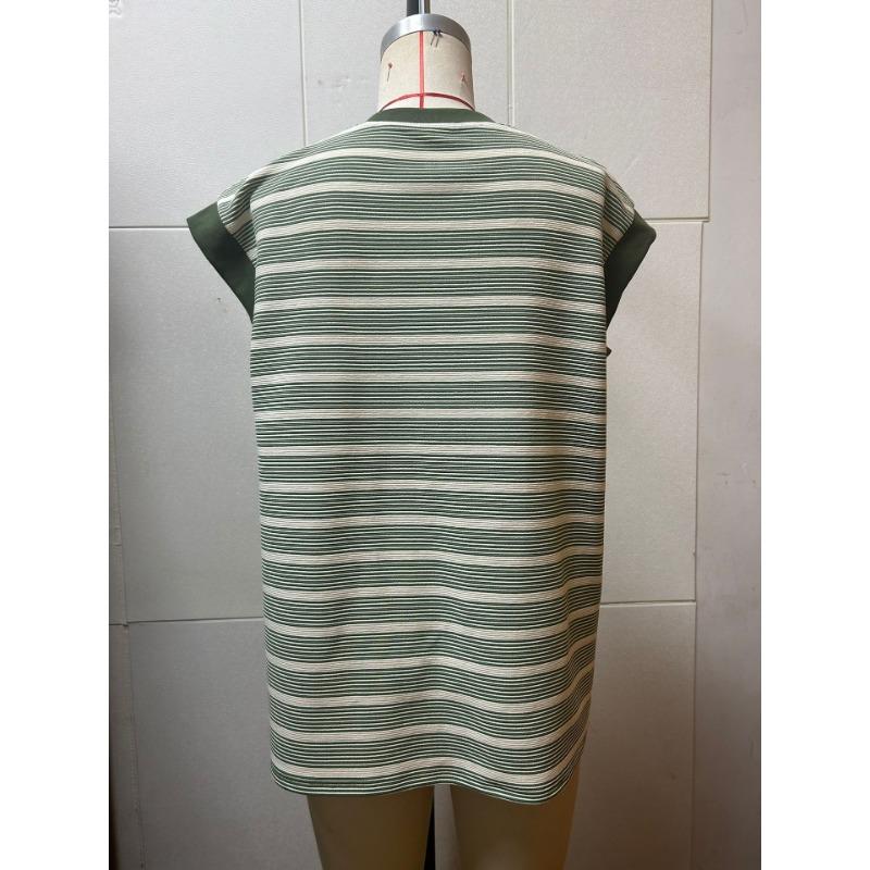 Summer Women's New Round Neck Striped Knitted T-shirt Fashionable Loose and Versatile Contrasting Color Top