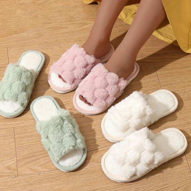 Fashion Faux Rabbit Fur House Slippers for Women Soft Sole Open Toe Home Cotton Shoes Woman Lightweight Warm Fluffy Indoor Slippers 2025