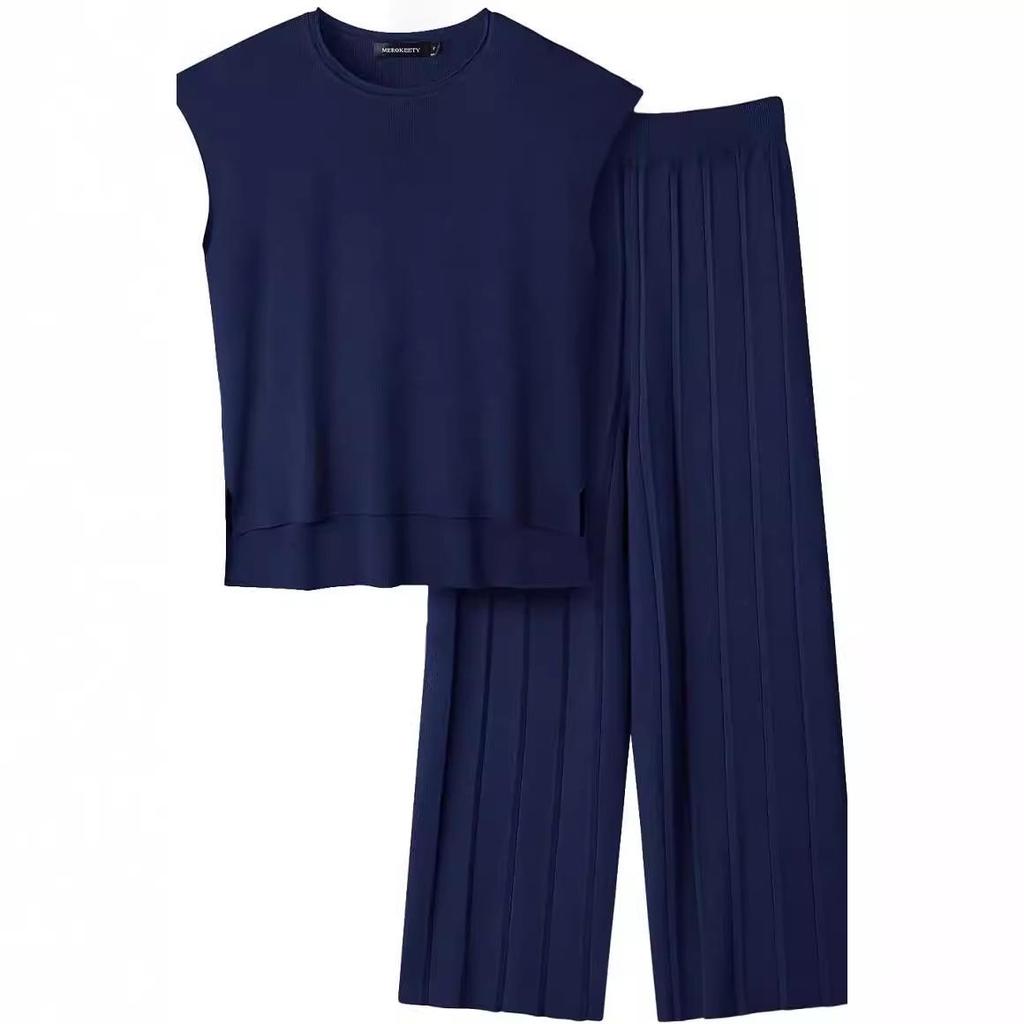 2026 Solid Color Knit Set: Sleeveless Top & Wide-Leg Crop Pants, Slim Fit, Round Neck