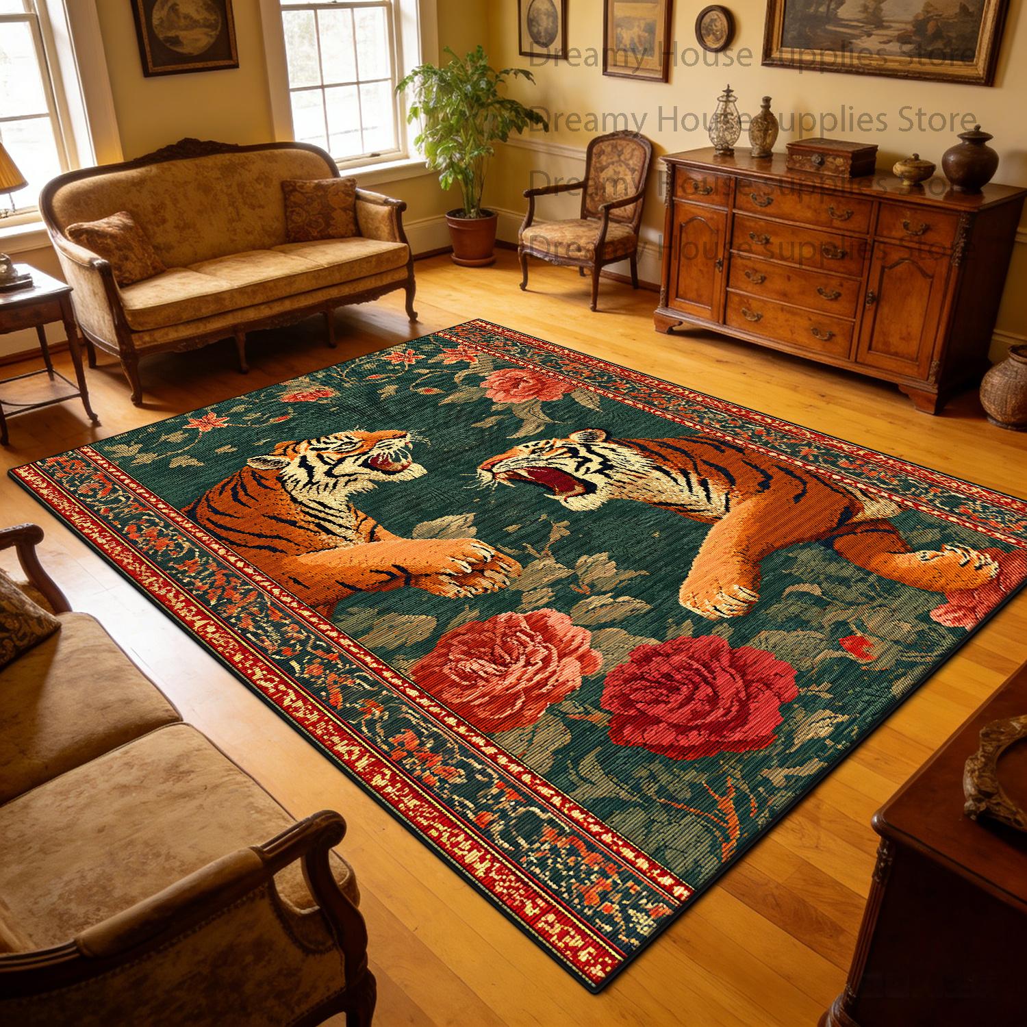 Amerikaans Retro Tijgerpatroon Woonkamer Tapijt Decoratie Lounge Wasbaar Grote Vloerkleden Slaapkamer Nachtkastje Stapelstof Vloermat 1.9x2.9ft(60x90cm)