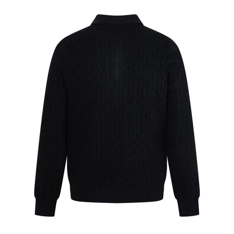 Mens Solid Cable Knit Polo Sweater Loose Fit Streetwear Vibe