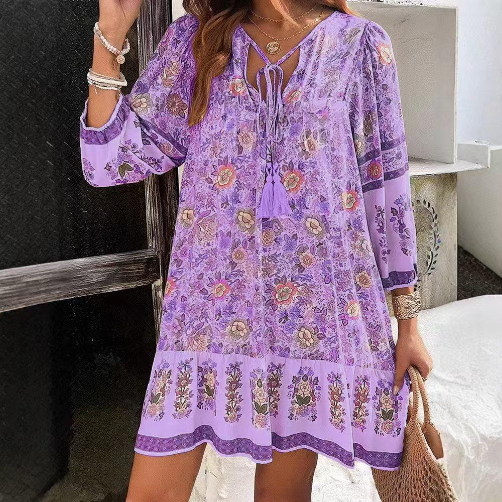 Women's Spring Summer Boho Vacation V-Neck Casual Dress