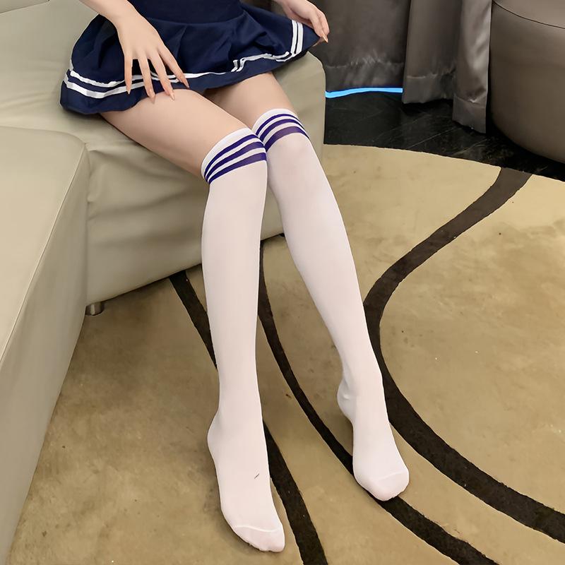 Women Three Stripes Over Knee High Long Stockings Sexy Pure College Style Striped Hosiery