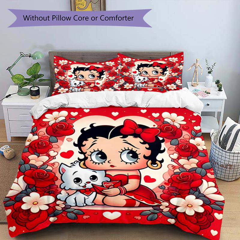 3pcs Duvet Cover Set (1*Duvet Cover + 2*Pillowcase, Without Core),Betty Boop Print Bedding Set, Bedroom Decor, All‑Season, Birthday Gift