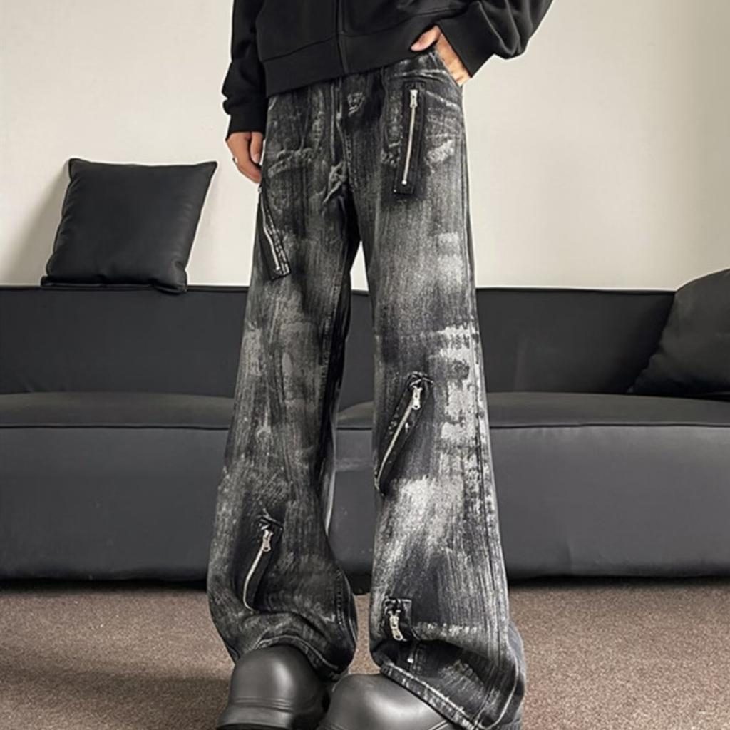 American washed retro tie-dye black jeans men's trendy brand zipper decoration European and American high street loose and thin trousers