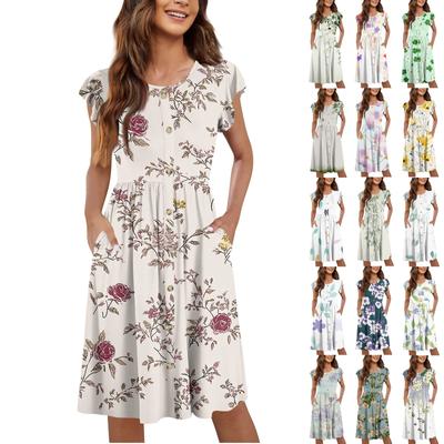Women's Round Neck Summer Flying Sleeves Casual Fashion Floral Print Loose Button Pocket Midi Dress