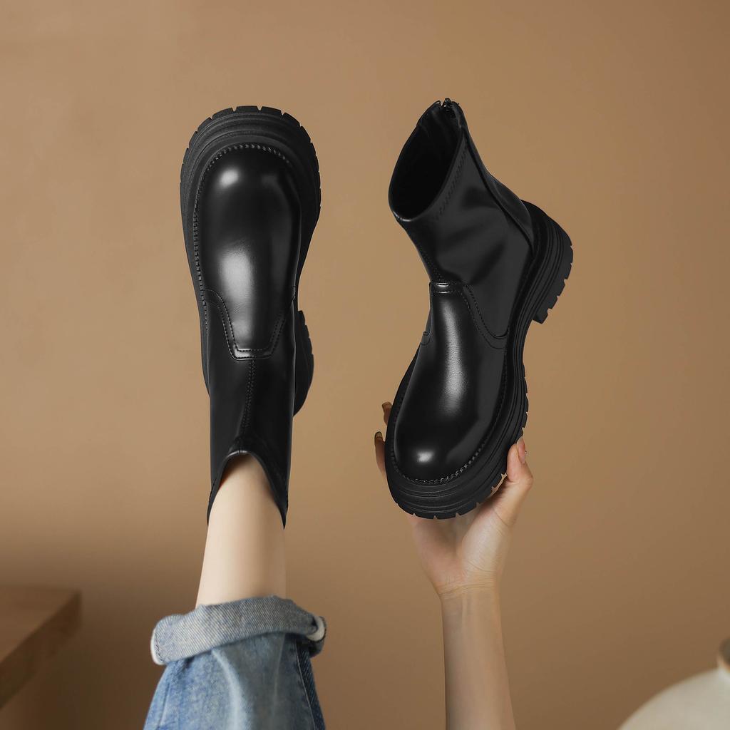 Krazing Pot Microfiber Autumn Winter Shoes Thick High Heels Zipper Platform Size 43 Motorcycle Boots Brown Color Ankle Boots