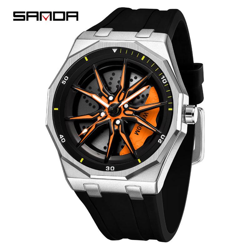 SANDA Men s Waterproof Luminous Polygonal Quartz Watch with 3D Rotating Dial and Silicone Band