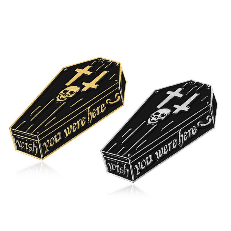 Wish You Were Here Skull & Cross Coffin Black Enamel Pin