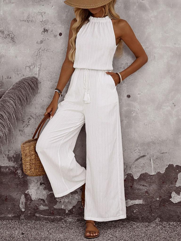 Women's Halter Neck Sleeveless Jumpsuit Loose Fit Elastic Waist Solid Color Wide Leg Vacation Romper