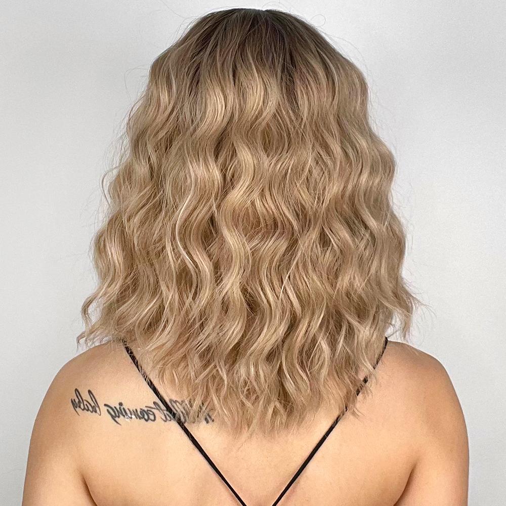 MISS WIG Short Bob Wavy Synthetic Wig For Women With Bangs Blonde Ombre Medium Wig Heat Resistant Fiber Hair Party Cosplay