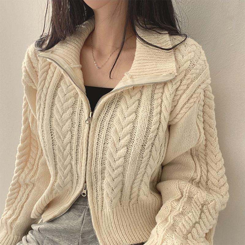 Women Double Zipper Sweater Lapel Short Pullover Crochet Fabric Solid Color Knitted Cardigan Casual Elegant Coat Fall Winter