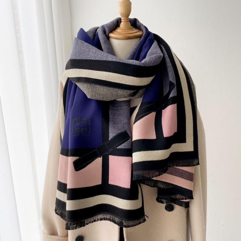 

Bow warm jacquard shawl, classic color matching imitation cashmere thickened pulled scarf women s fashion 180x70cm королевский синий