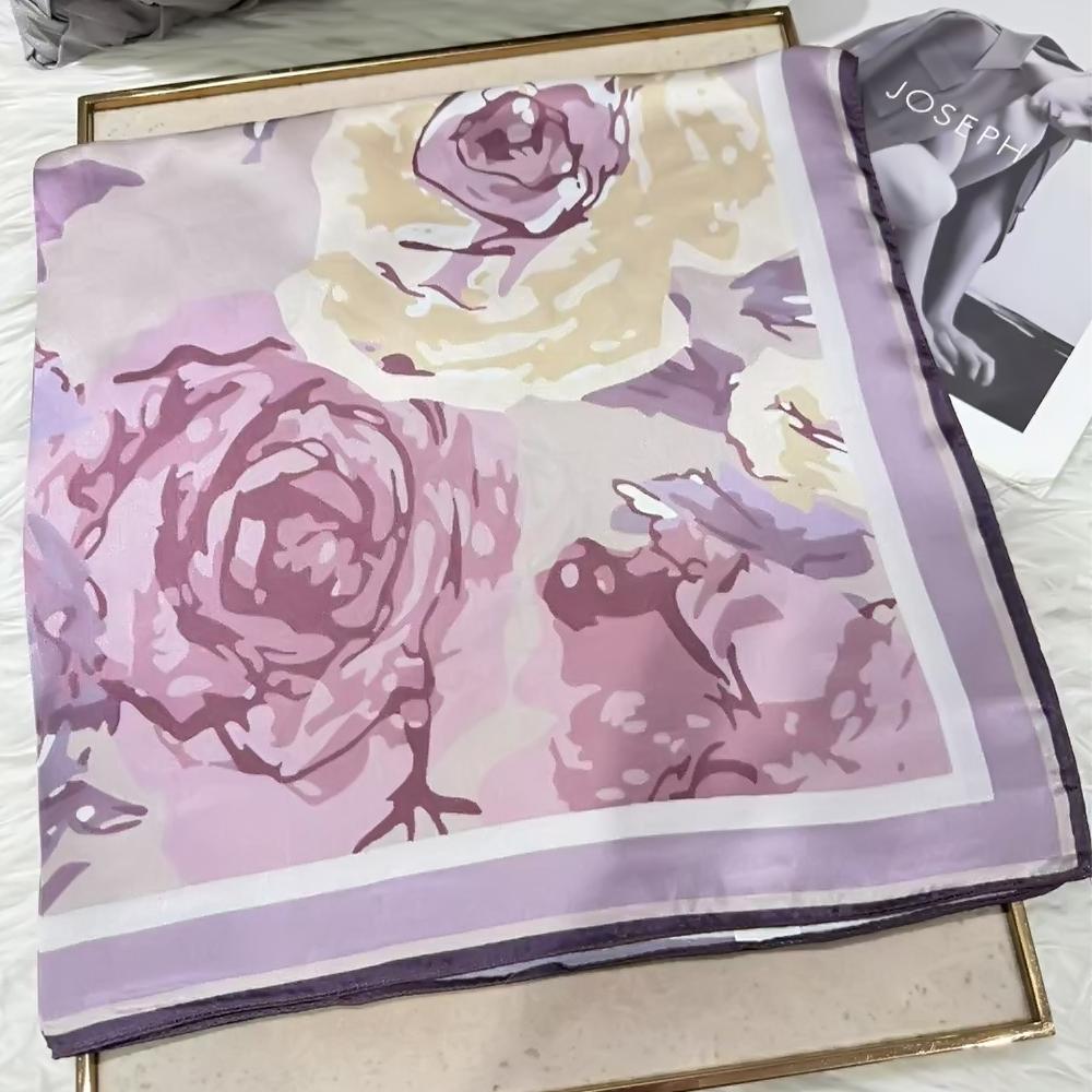 Light  Purple Women'S 100% Mulberry Silk Scarf Neckerchief Spring Fall New Luxury Floral Design Satin Squaresilk Scarves 65*65Cm