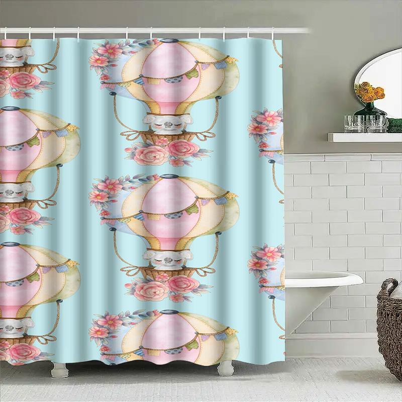 Fashion Girl's Bath Mat Decorative Waterproof Non-Slip Bathroom Rug with Flower Pattern Pink Blue Shower Curtain Set for Home De