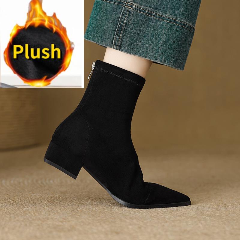 Women's Boots 2025 Winter Fashion Pointed-toe Design Short Boots with Zippers On The Back, Slim Low-heeled Nude Boots